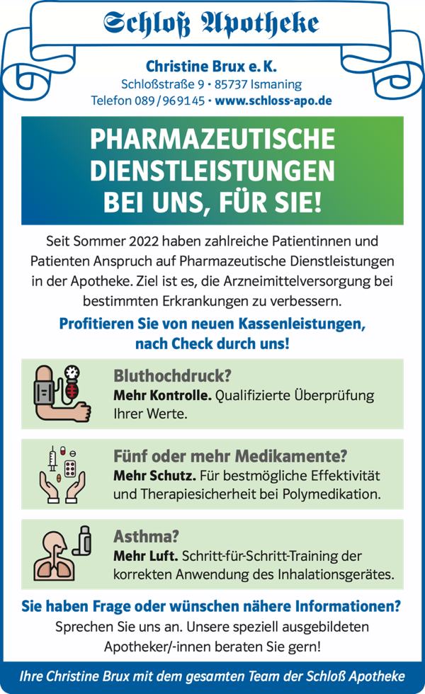 Flyer der Schloß Apotheke Ismaning zu pharmazeutischen Dienstleistungen: Blutdruckkontrolle, Medikationsanalyse und Inhalationstraining – als Kassenleistung durch geschultes Personal.