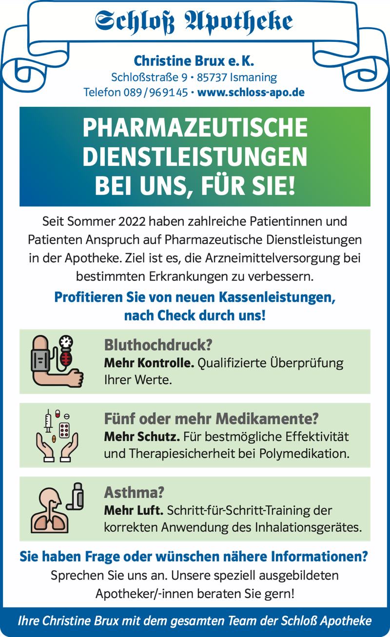 Flyer der Schloß Apotheke Ismaning zu pharmazeutischen Dienstleistungen: Blutdruckkontrolle, Medikationsanalyse und Inhalationstraining – als Kassenleistung durch geschultes Personal.